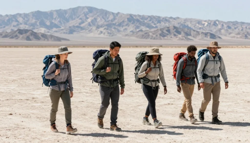 Small group hiking across Ivanpah lake bed