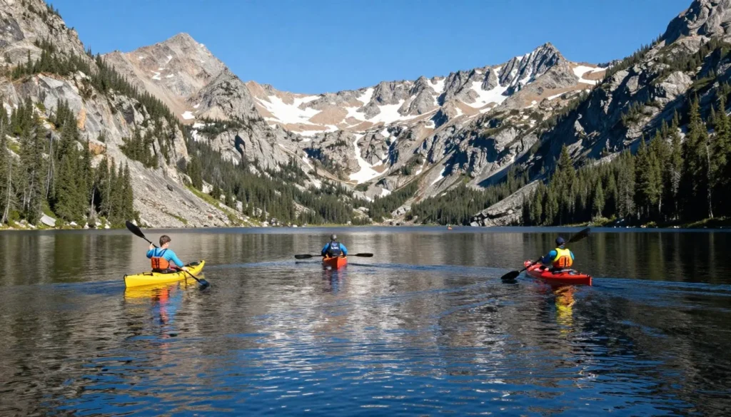 Small group kayaking on alpine lake in Nevada mountains Small group kayaking on alpine lake in Nevada mountains