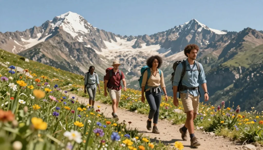 Small group of diverse hikers on alpine trail with wildflower meadows and mountain peaks Small group of diverse hikers on alpine trail with wildflower meadows and mountain peaks