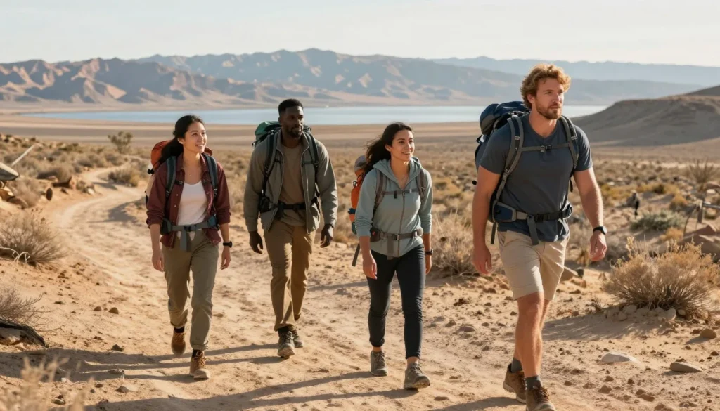 Small group of diverse hikers on desert trail with Lake Mead in background Small group of diverse hikers on desert trail with Lake Mead in background