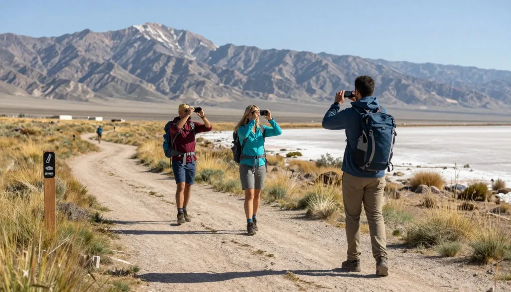 Small group of diverse hikers on trail near Great Salt Lake with mountain backdrop Small group of diverse hikers on trail near Great Salt Lake with mountain backdrop