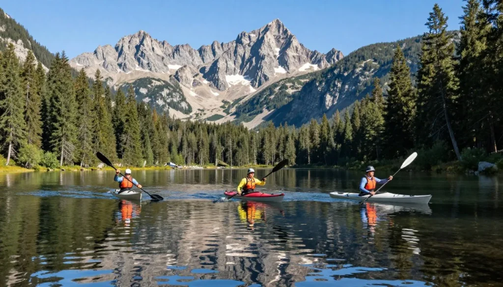 Small group of kayakers on calm alpine lake with mountain reflections Small group of kayakers on calm alpine lake with mountain reflections