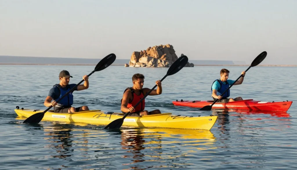 Small group of kayakers paddling across Great Salt Lake toward distant island Small group of kayakers paddling across Great Salt Lake toward distant island