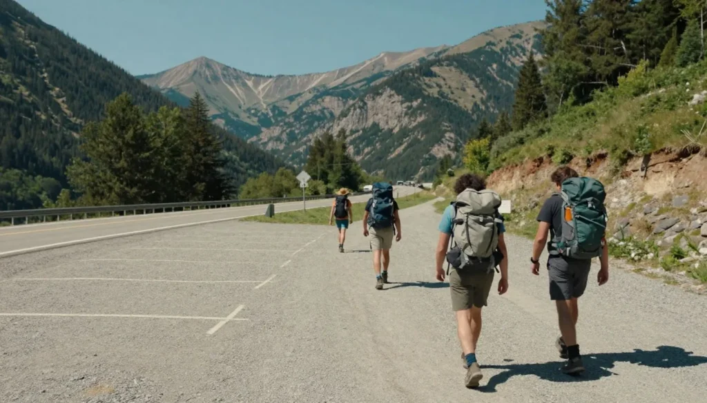 Small parking area along mountain highway with vehicles and hikers preparing for hot springs visit
