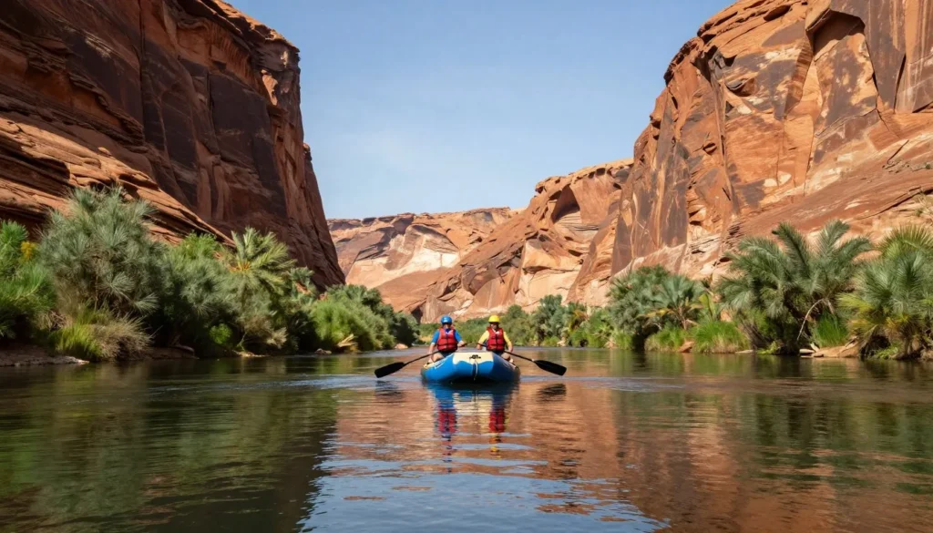 Small raft navigating calm section of San Juan River between canyon walls