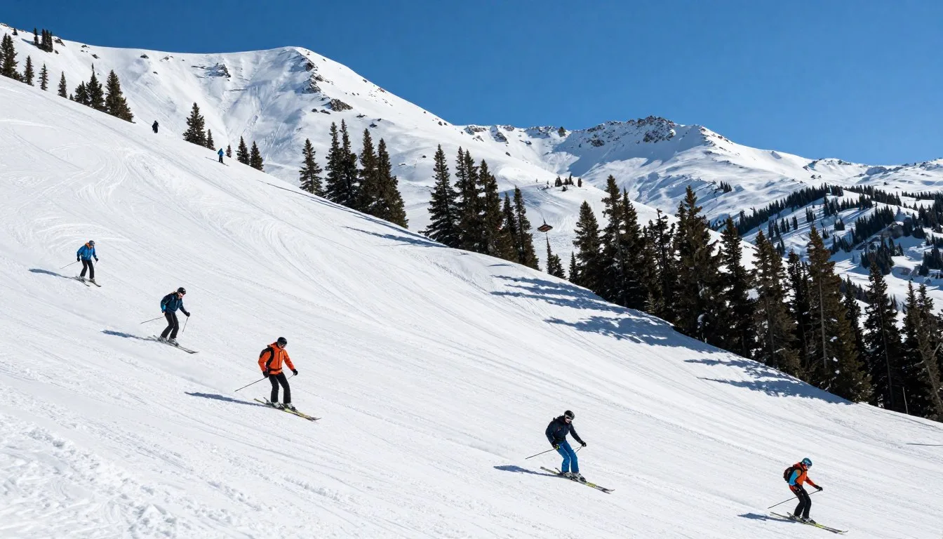 Snow-covered-slopes-of-Mary-Jane-at-Winter-Park-Resort-with-skiers-descending-expert-terrain Snow-covered slopes of Mary Jane at Winter Park Resort with skiers descending expert terrain under blue Colorado skies