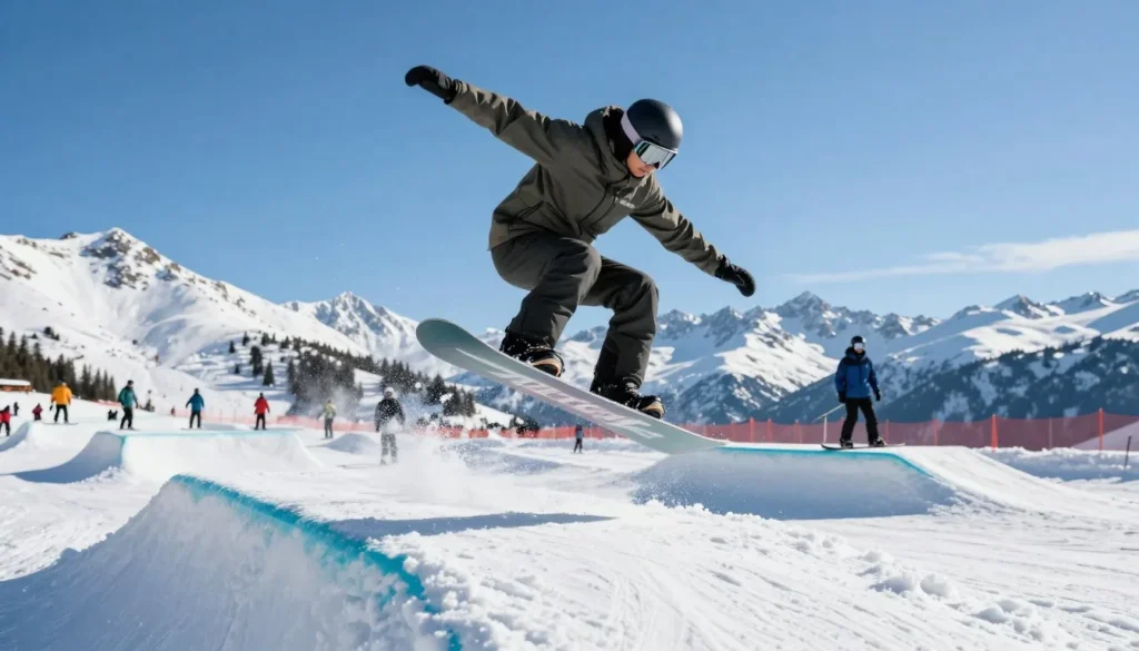 Snowboarder performing trick in terrain park Snowboarder performing trick in terrain park