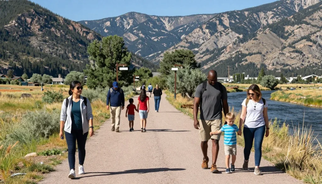 South Platte River Trail entrance area with welcome visitors walking toward trail with mountain scenery South Platte River Trail entrance area with welcome visitors walking toward trail with mountain scenery