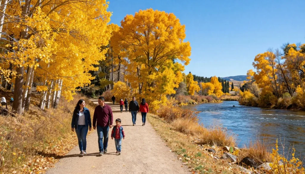 South Platte River Trail in autumn with golden cottonwood trees and families walking along the path South Platte River Trail in autumn with golden cottonwood trees and families walking along the path