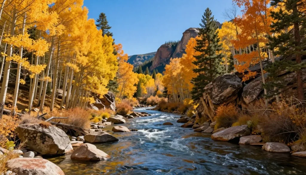 South Platte River flowing through autumn colored forest