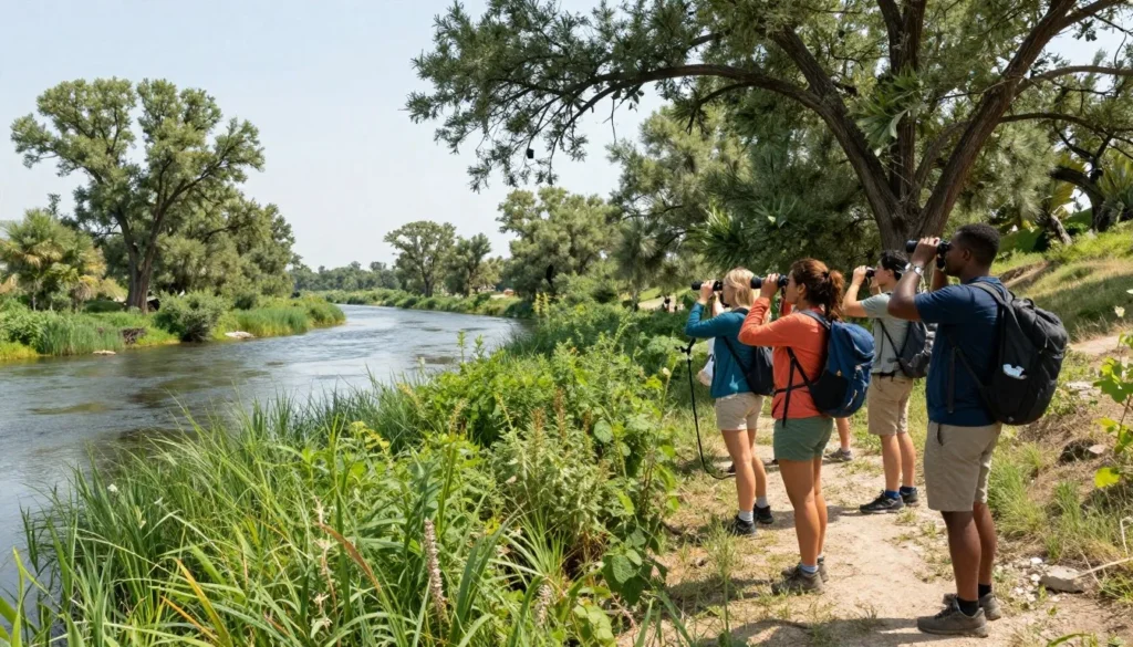 South Platte River natural area with hikers exploring wildlife viewing spots South Platte River natural area with hikers exploring wildlife viewing spots