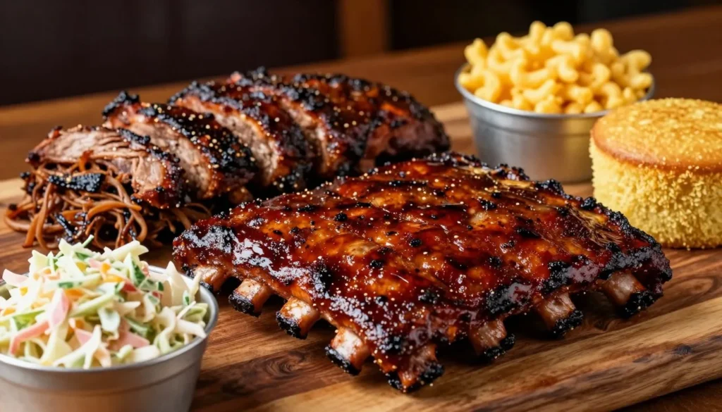 Southern barbecue feast with ribs and traditional sides
