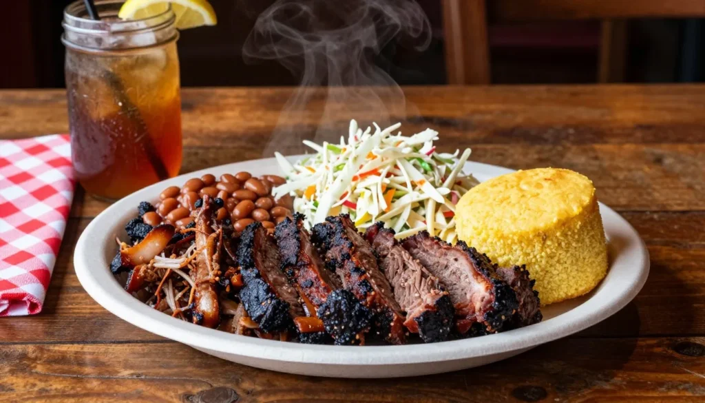 Southern barbecue meal with regional Tennessee sides and sweet tea