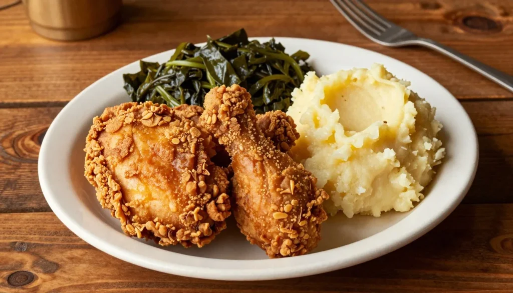 Southern comfort food plate with fried chicken and sides