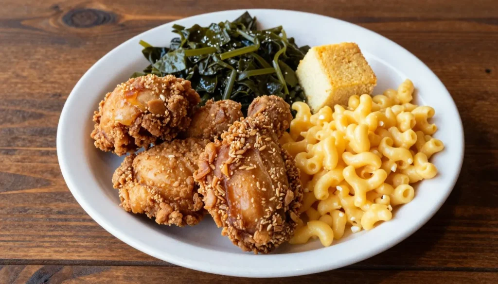 Southern comfort food plate with local Tennessee specialties at mountain restaurant