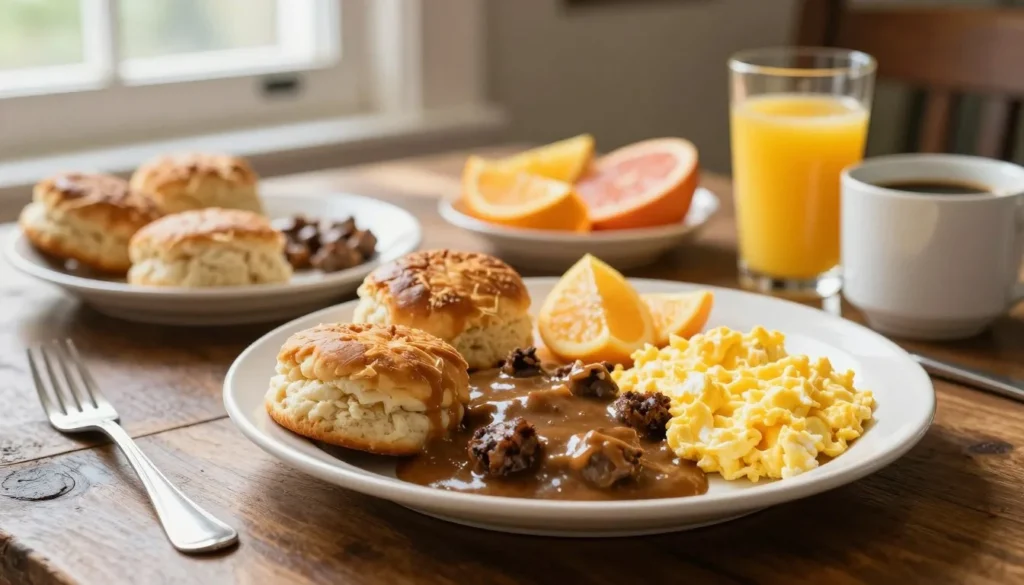Southern style breakfast spread with biscuits, gravy, eggs and fresh fruit