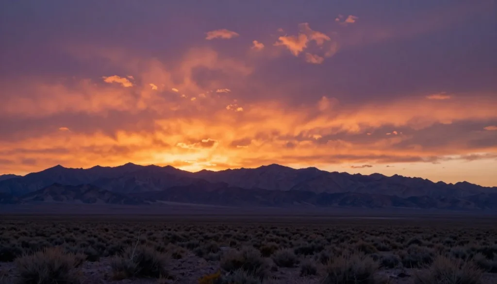 Spectacular sunset over Great Basin desert with mountain silhouettes and vibrant orange and purple sky colors