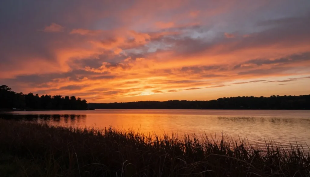 Spectacular sunset reflection on North Sterling Reservoir with silhouetted vegetation