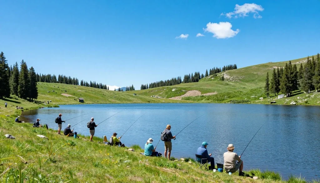 Spinney Mountain Reservoir during peak summer season with clear blue skies Spinney Mountain Reservoir during peak summer season with clear blue skies