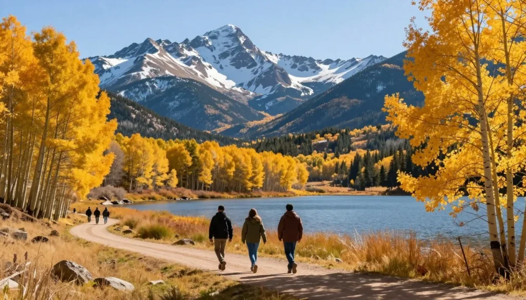 Spinney Mountain reservoir surrounded by autumn colors and mountain scenery Spinney Mountain reservoir surrounded by autumn colors and mountain scenery