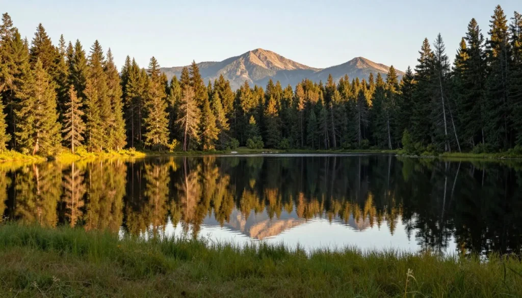 Spooner Lake surrounded by pine forest with mountain reflections Spooner Lake surrounded by pine forest with mountain reflections