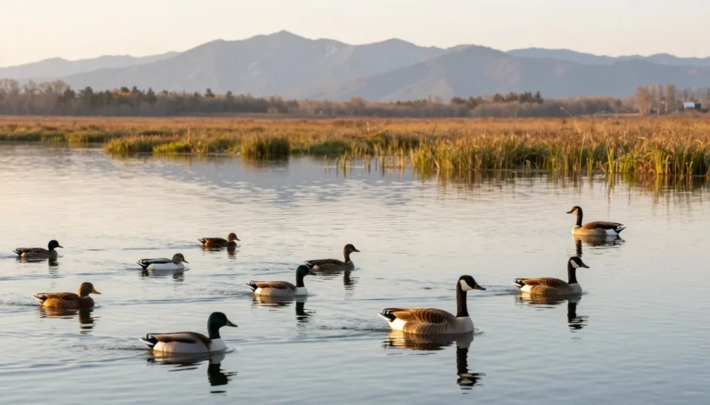 Spring waterfowl migration at Ruby Lake with diverse duck species on marsh water