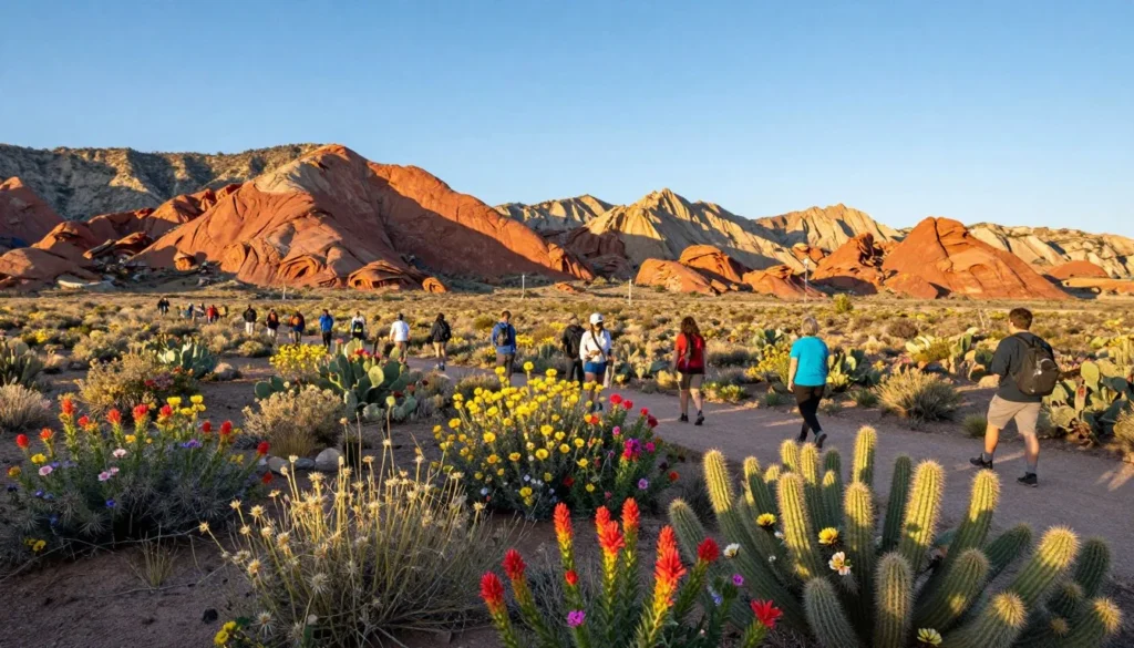 Spring wildflowers blooming across Paradox Valley desert floor with red cliffs in background