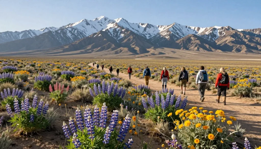 Spring wildflowers blooming along Pony Express Trail Nevada with mountain backdrop
