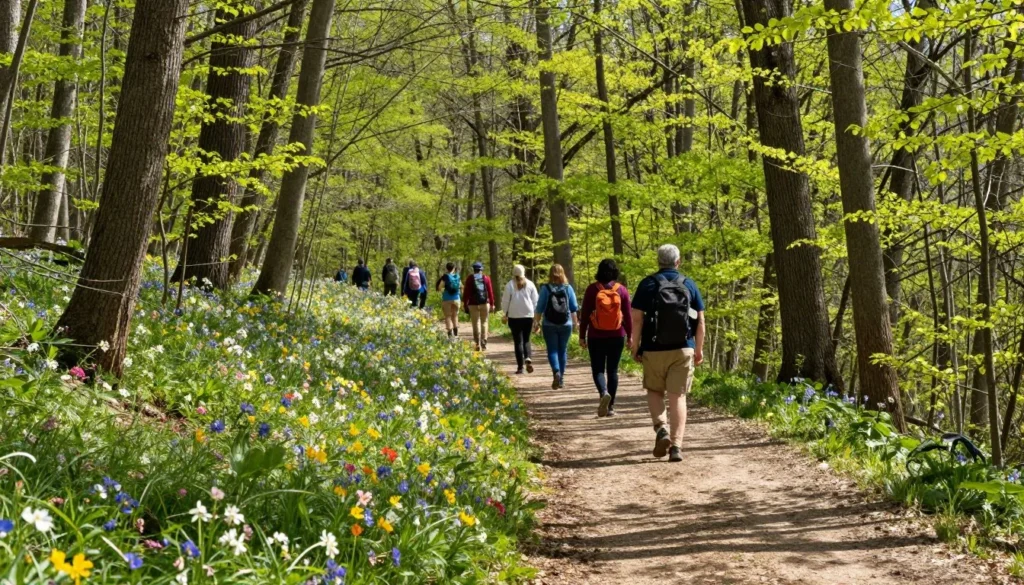 Spring wildflowers blooming along park trail with green foliage