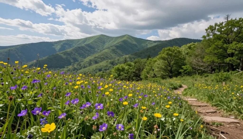 Spring wildflowers blooming along trail in Cherokee National Forest with mountains in background