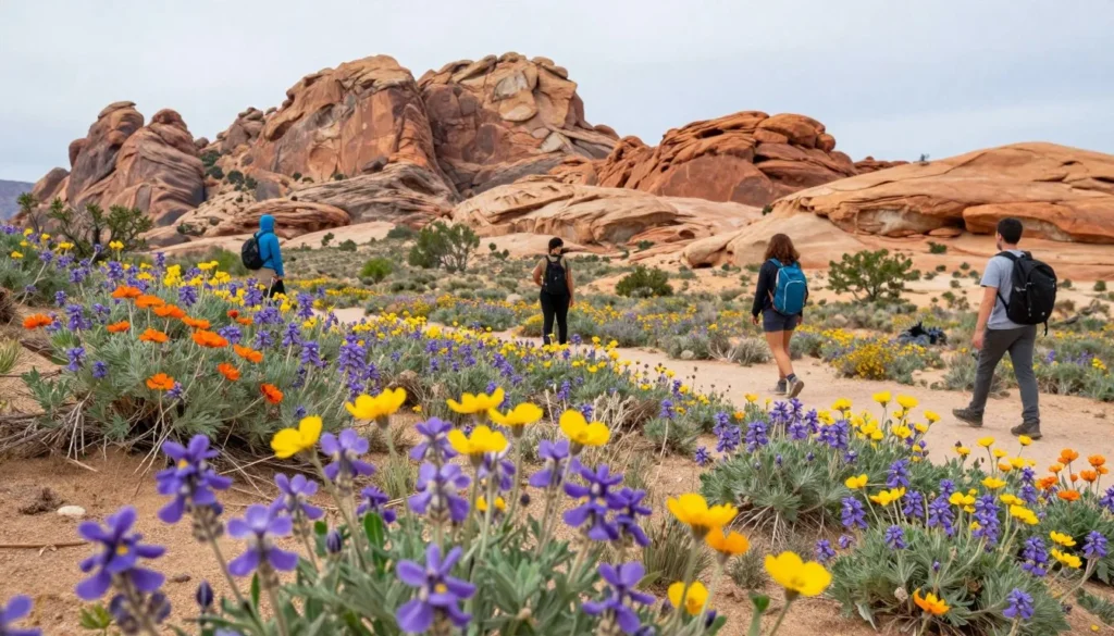 Spring wildflowers blooming in Grand Staircase desert with colorful rock formations in background