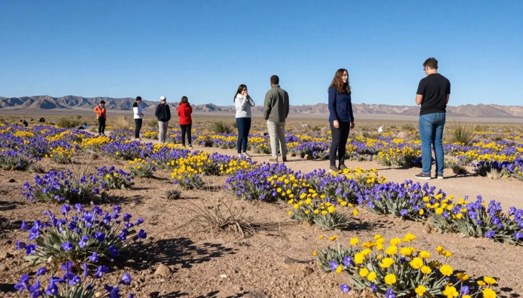 Spring wildflowers blooming in Ivanpah Desert with diverse tourists