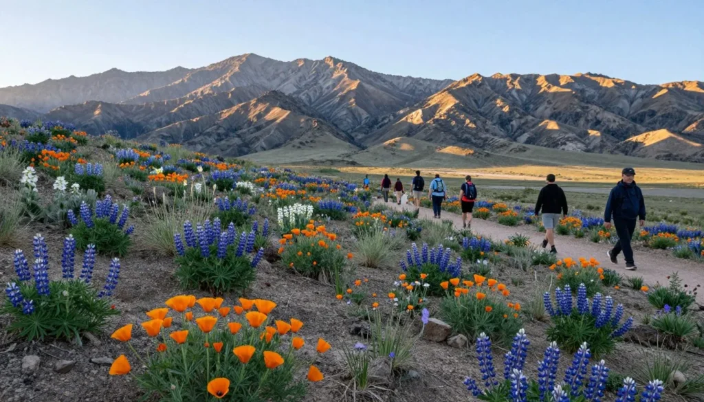 Spring wildflowers blooming in Pahranagat Valley with mountains in background Spring wildflowers blooming in Pahranagat Valley with mountains in background