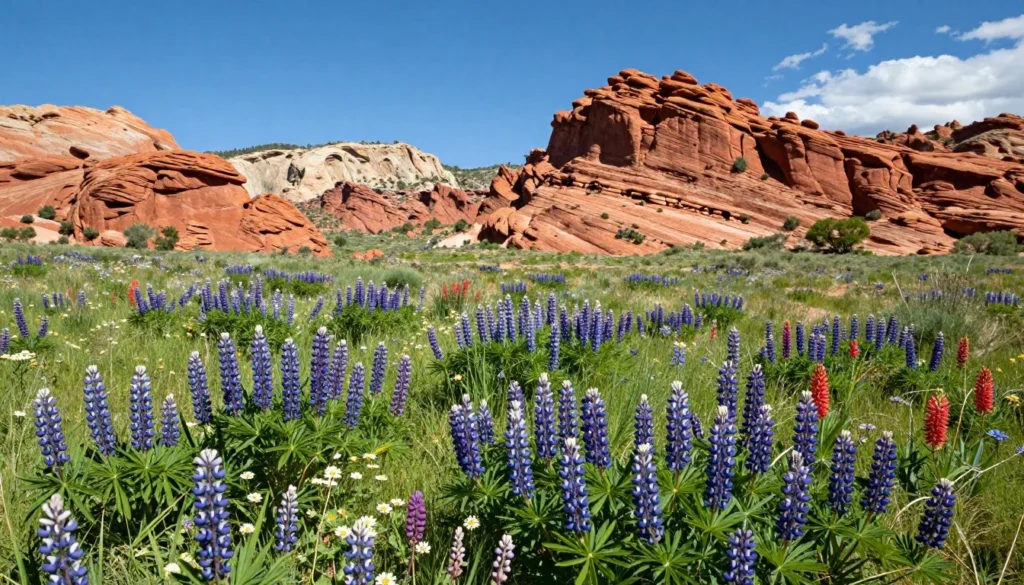 Spring wildflowers blooming in Paradox Canyon Colorado with red rock backdrop