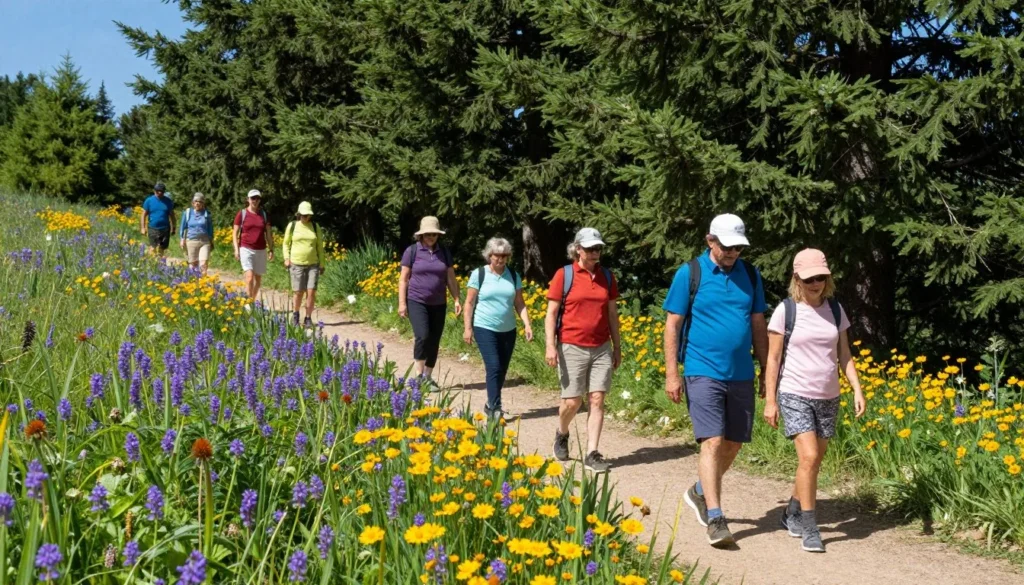 Spring wildflowers blooming in cedar glades with visitors hiking on trails