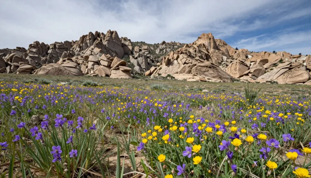 Spring wildflowers blooming in desert with mountains in background Spring wildflowers blooming in desert with mountains in background
