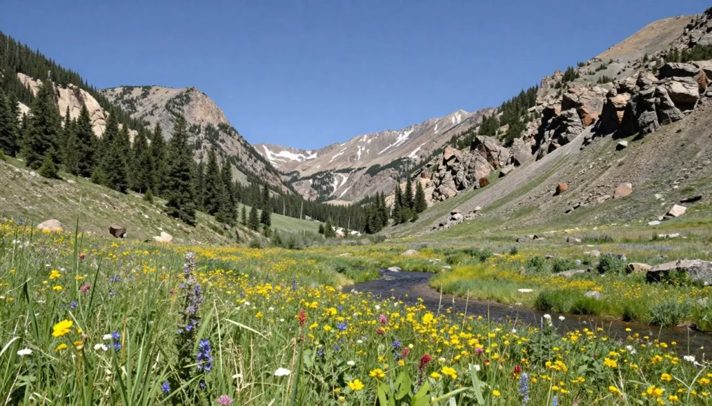 St Vrain Creek Colorado mountain valley with rocky peaks and wildflowers