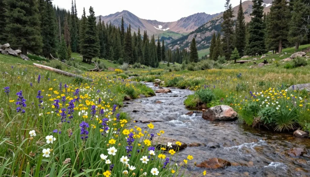 St Vrain Creek Colorado with wildflowers and mountain backdrop