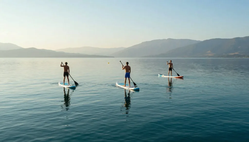 Stand-up paddleboarders on calm Bear Lake waters near Garden City shores