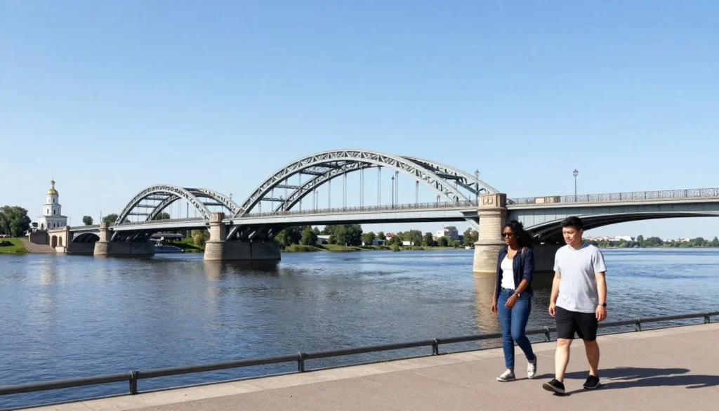Starovolzhsky Bridge spanning across Volga River with historic Tver architecture in background