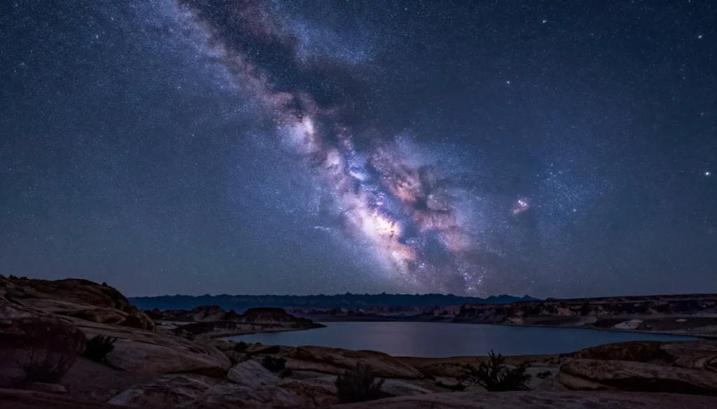 Starry night sky over Lake Mead with Milky Way visible