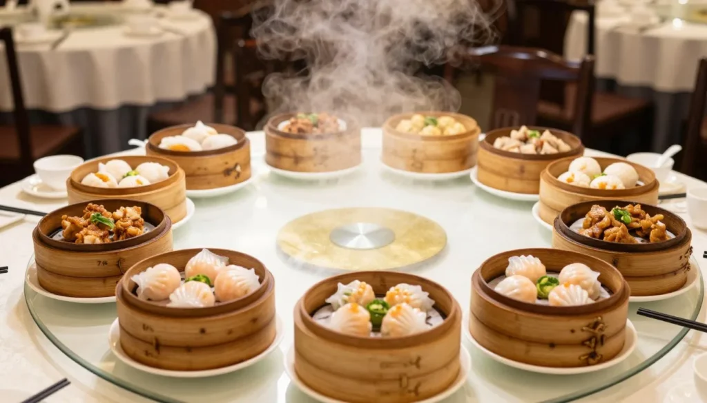 Steaming bamboo baskets of dim sum on traditional restaurant table Steaming bamboo baskets of dim sum on traditional restaurant table