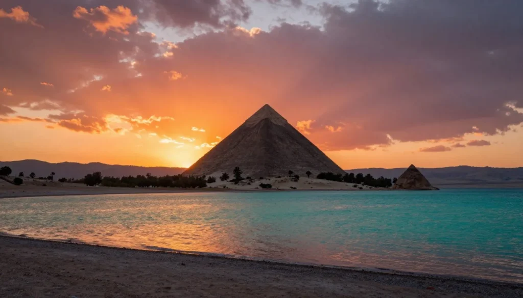 Stunning sunset over Pyramid Lake with orange sky reflecting on water