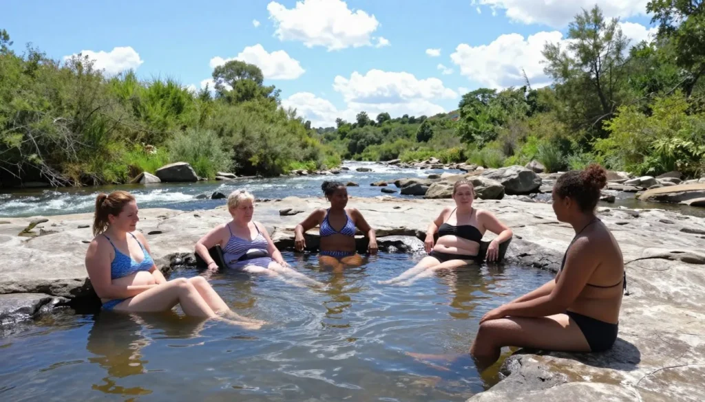 Summer afternoon at Penny Hot Springs with diverse group enjoying natural pools and mountain views