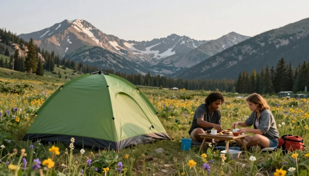 Summer camping scene near Rabbit Ears Pass with tent and mountain backdrop Summer camping scene near Rabbit Ears Pass with tent and mountain backdrop