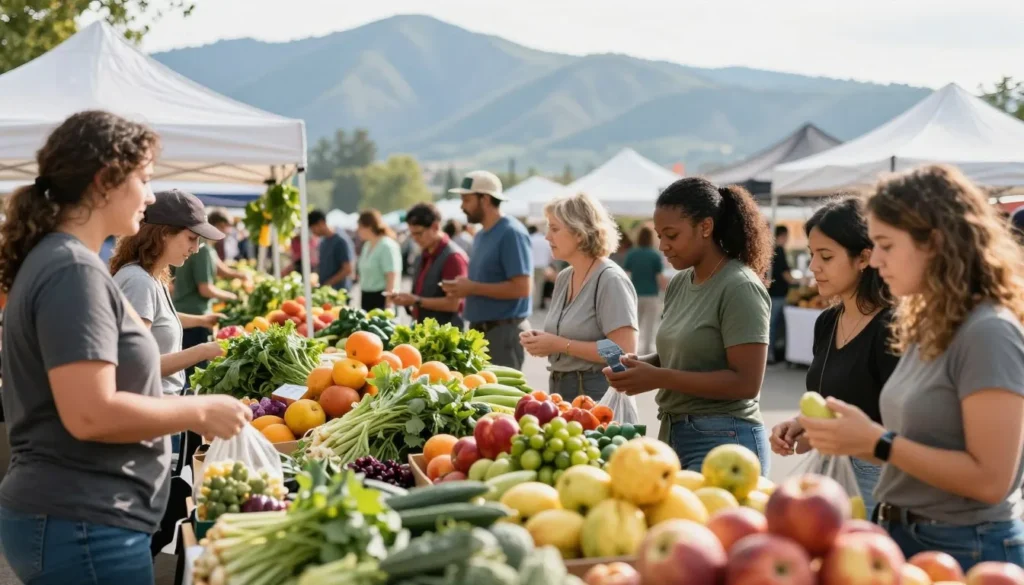 Summer farmers market with diverse vendors and customers near Bear River Range mountains