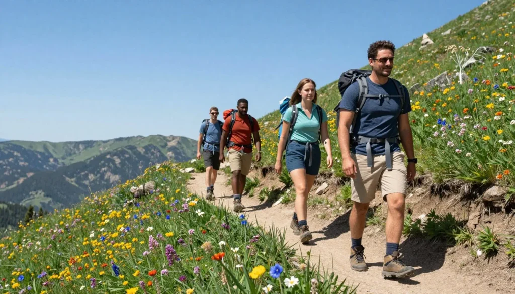 Summer hiking conditions on Mount Lewis with clear blue skies and blooming wildflowers Summer hiking conditions on Mount Lewis with clear blue skies and blooming wildflowers