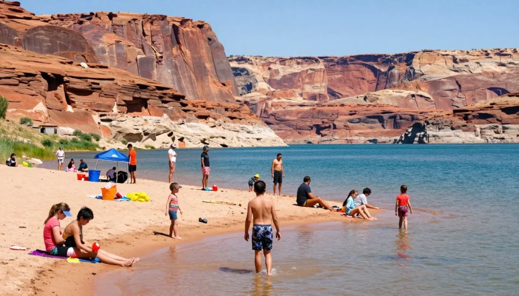 Summer scene at Flaming Gorge Reservoir with families enjoying water activities