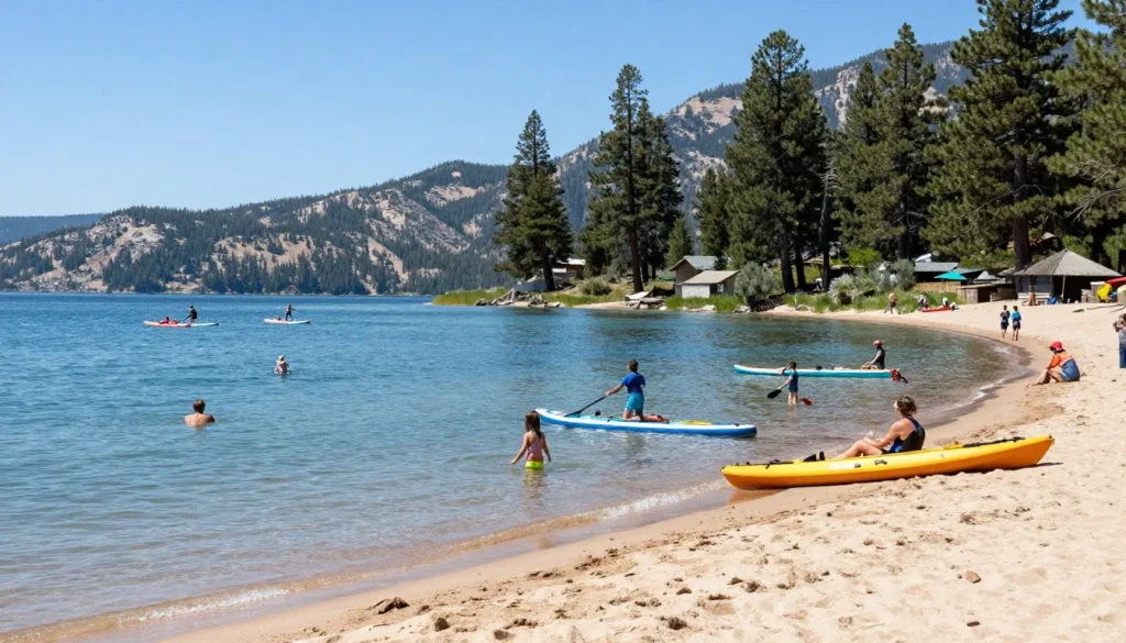 Summer scene at Jordanelle State Park Beach with families enjoying water activities