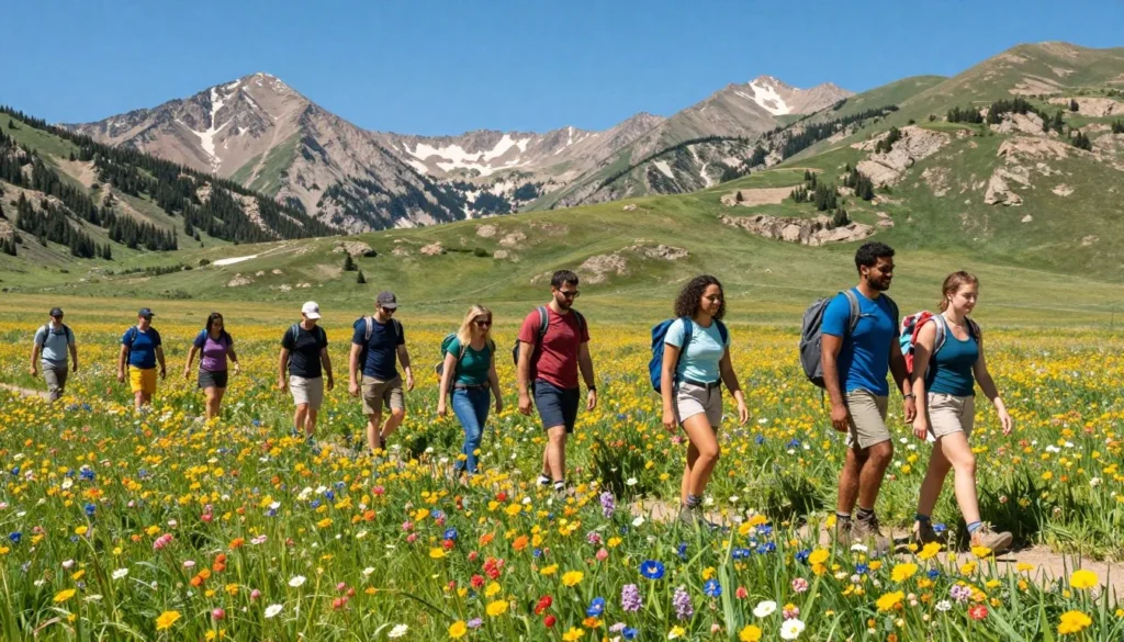 Summer wildflower meadow in Bear River Range with diverse hikers enjoying mountain views